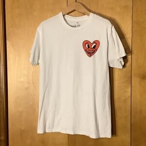 Keith Haring white graphic T-shirt with heart design, size medium